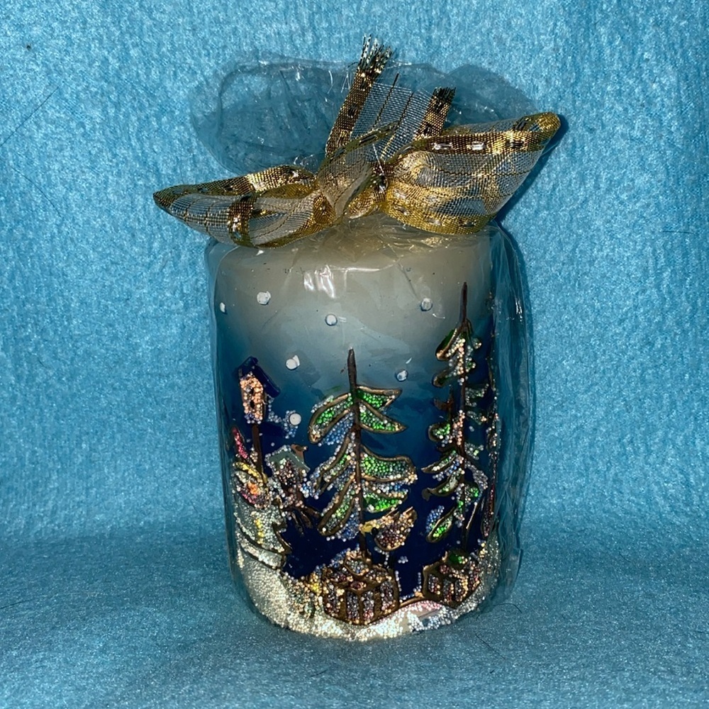 Christmas pillar candle single wick snowmen tree birdhouse glitter 3D size 3 X 4